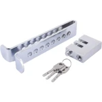 Seguro antirrobo para pedal de embrague y acelerador, acero inoxidable con acabado cromado, incluye tres llaves y mecanismo de bloqueo.