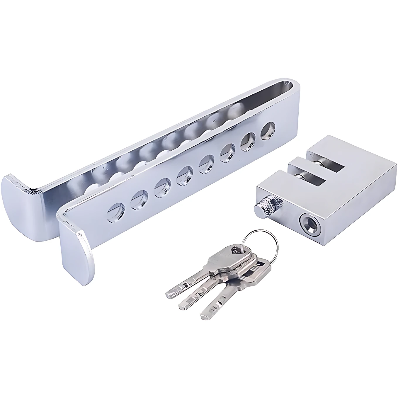 Seguro antirrobo para pedal de embrague y acelerador, acero inoxidable con acabado cromado, incluye tres llaves y mecanismo de bloqueo.