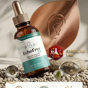 Bote de vidrio ámbar con cuentagotas, etiqueta blanca y dorada, sobre piedras claras y arena. Incluye icono de oído y texto en español. Presentación de Echo Free Pro para salud auditiva.