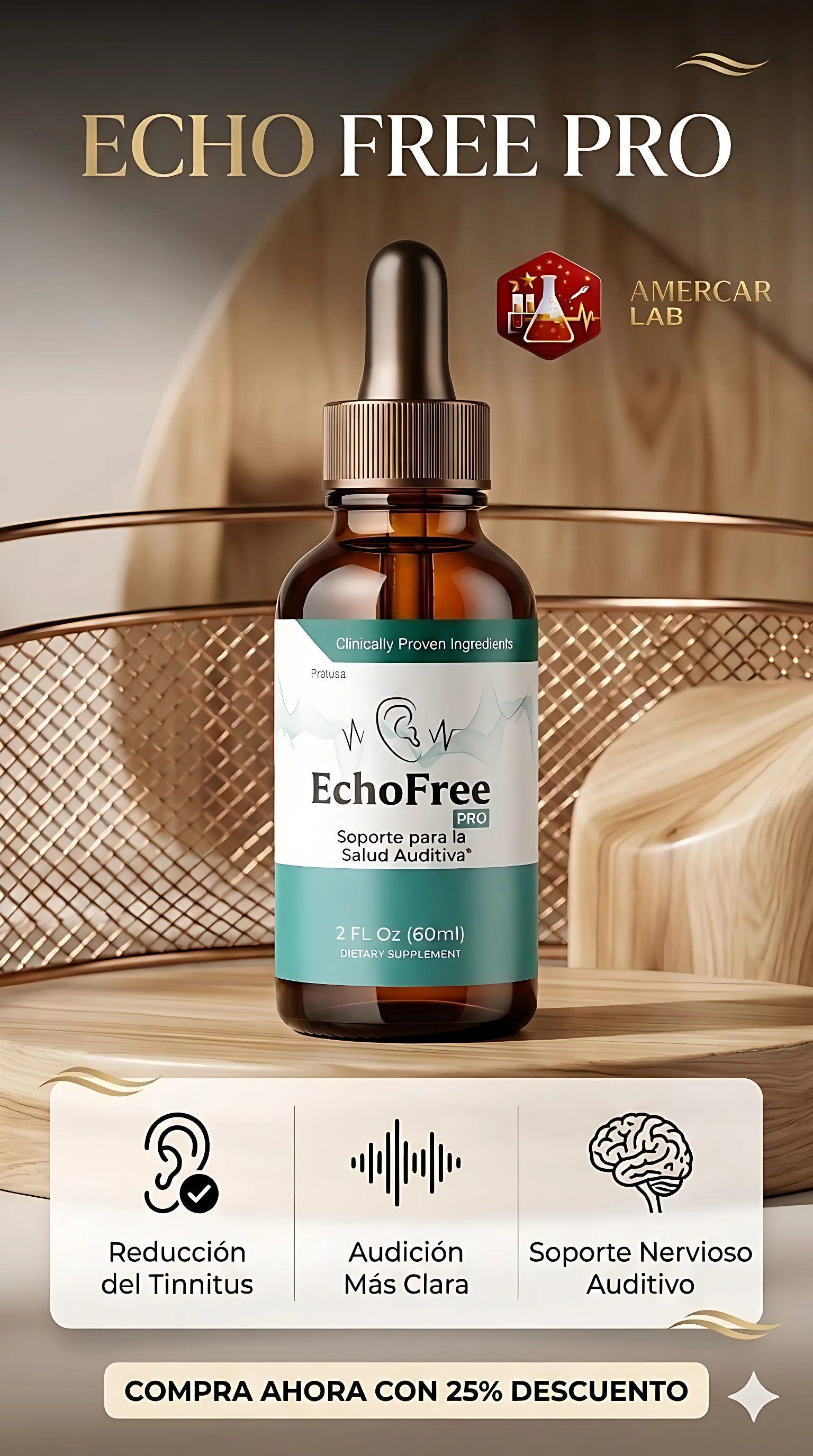Bote de vidrio ámbar con gotero, etiqueta blanca y verde que muestra "EchoFree Pro" y "Soporte para la Salud Auditiva". Incluye iconos de oído, onda sonora y cerebro. Fondo con estantería de madera y cesta tejida.