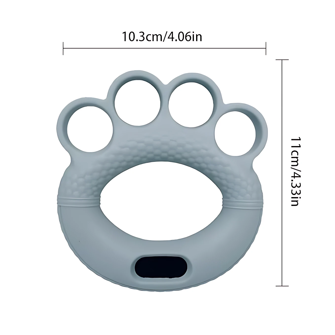 Ejercitador de manos en forma de garra, color gris claro, con cinco agujeros para los dedos y medidas de 10,3 cm de ancho por 11 cm de alto.