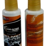 Dos botellas de spray de 200 ml del producto Viracer, presentadas en vista frontal y trasera, con etiquetas naranjas y negras que indican su función como eliminador de olores para cascos y autos.