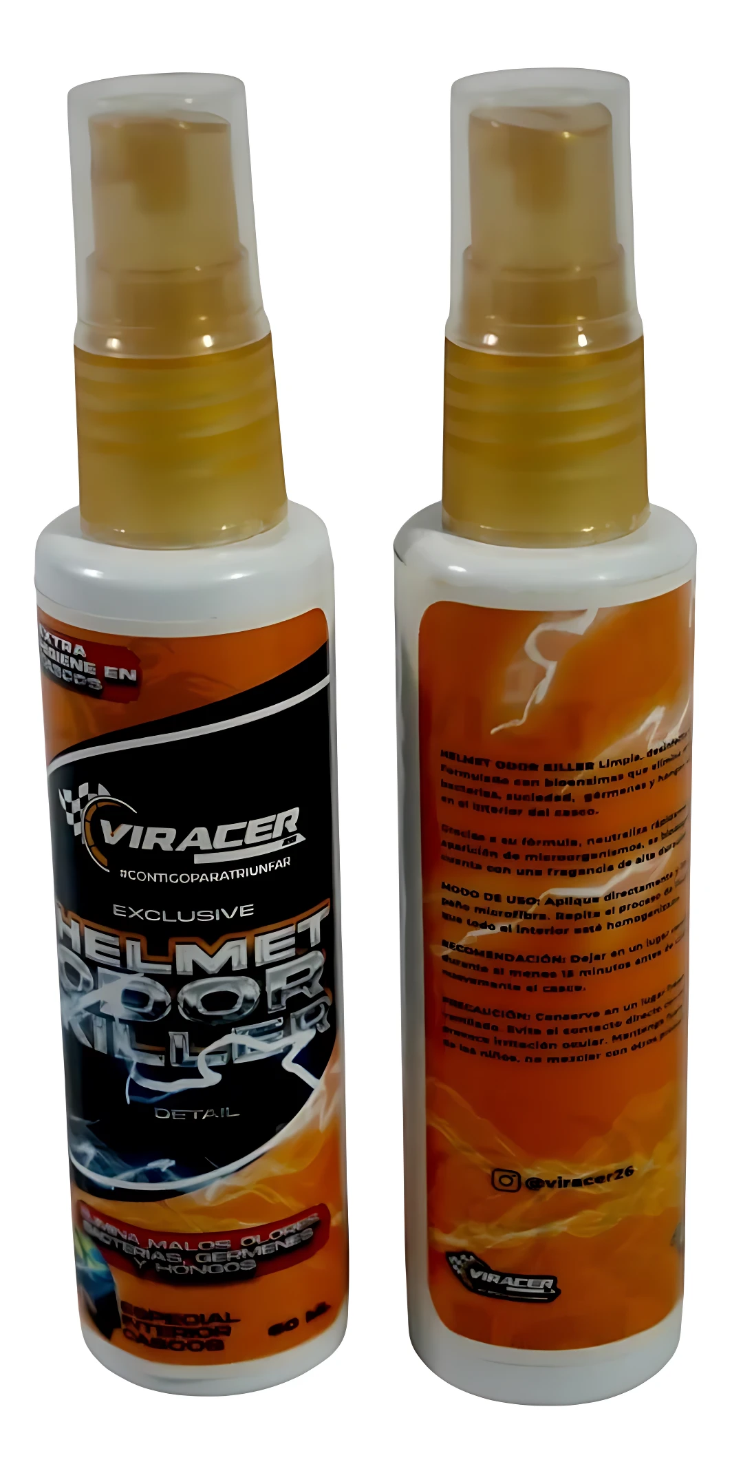 Dos botellas de spray de 200 ml del producto Viracer, presentadas en vista frontal y trasera, con etiquetas naranjas y negras que indican su función como eliminador de olores para cascos y autos.