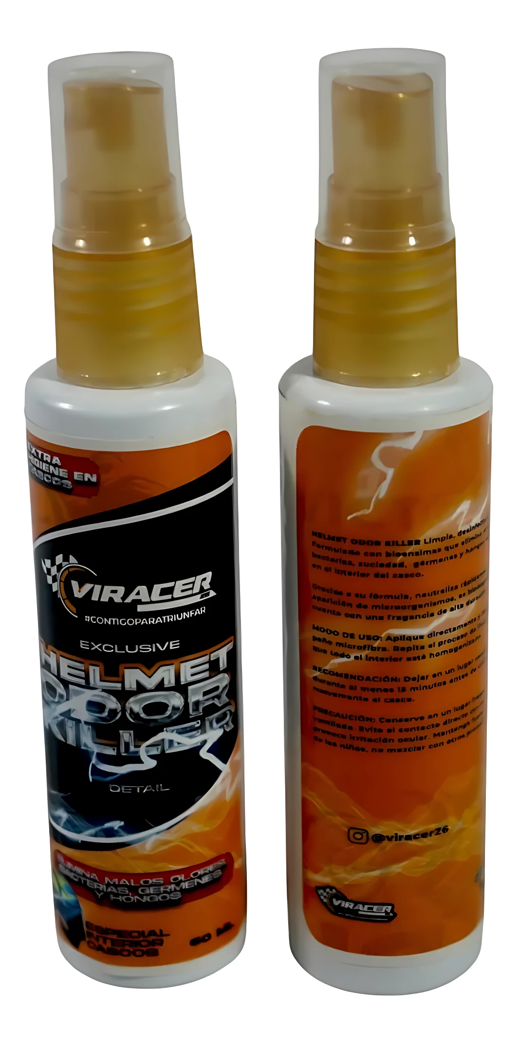 Dos botellas de spray de Eliminador de Olores para Cascos Auto Nu, con etiquetas en naranja y blanco, mostrando el frente y la parte trasera del envase.