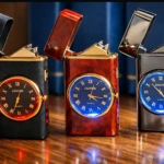 Tres encendedores eléctricos tipo reloj en colores negro, rojo y gris, con tapa abierta y pantalla luminosa, sobre superficie de madera.