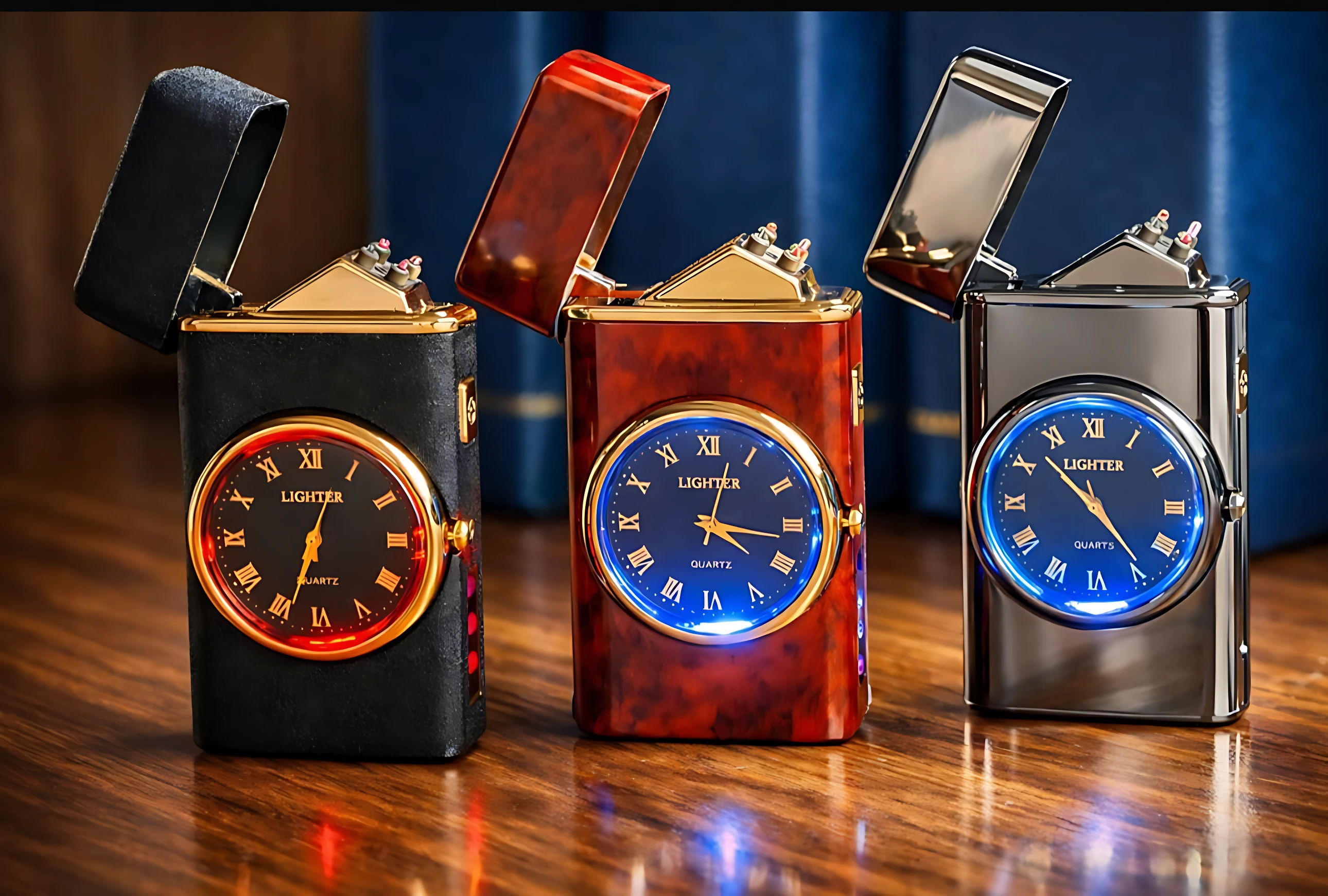 Tres encendedores eléctricos tipo reloj en colores negro, rojo y gris, con tapa abierta y pantalla luminosa, sobre superficie de madera.