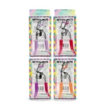 Cuatro pares de encrespadores de pestañas MTKLXR en empaques individuales, con mango en tonos rosa, rojo, morado y naranja, dispuestos en cuadrícula sobre fondo blanco.