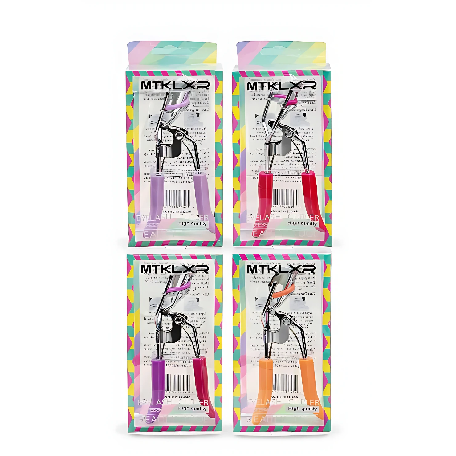 Cuatro encrespadores de pestañas MTKLXR en empaques individuales, con mangos en colores rosa, rojo, morado y naranja, dispuestos en cuadrícula sobre fondo blanco.