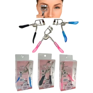 Encrespador de pestañas Cat Supercute Lak Time en tres colores: negro, azul y rosa. Incluye demostración de uso y presentación en caja con diseño de gato.