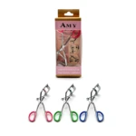 Pack de dos encrespadores de pestañas con mango metálico y colores rosa, verde y azul; incluye caja con de rostro y texto en español.