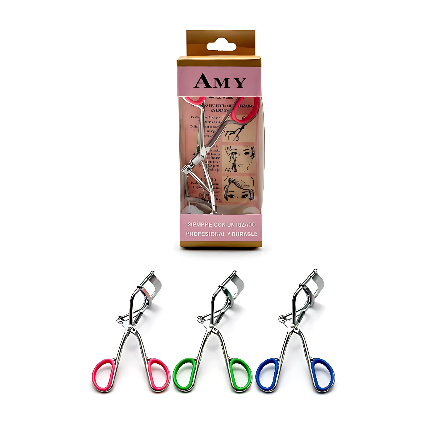 Pack de dos encrespadores de pestañas con mango metálico y empuñaduras en rosa, verde y azul. Incluye caja de presentación con de rostro y texto descriptivo.