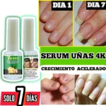 Set de dos frascos de tratamiento para uñas con etiquetas verdes y blancas, mostrando antes y después en manos con uñas sanas y fortalecidas.