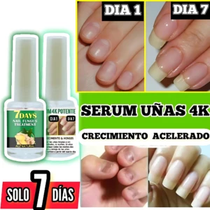 Set de dos frascos de tratamiento para uñas con etiquetas verdes y blancas, mostrando antes y después en manos con uñas sanas y fortalecidas.