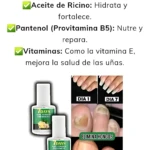 Set de dos frascos de endurecedor de uñas con etiqueta verde y blanca, acompañado de antes y después de tratamiento en una semana.