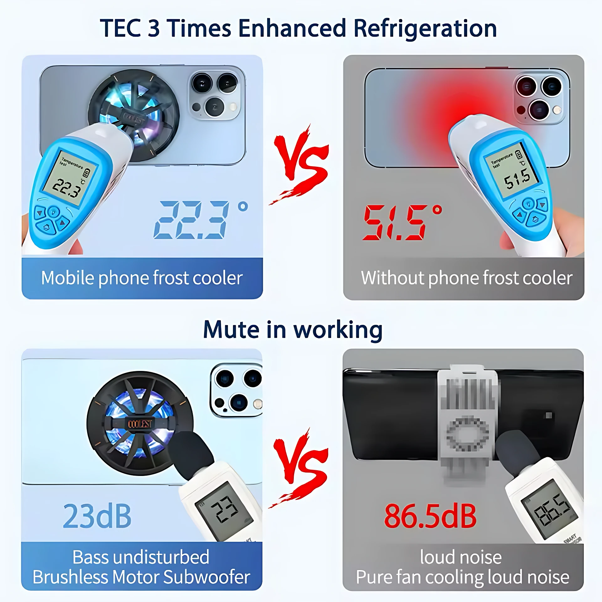 Enfriador magnético activo para iPhone 12 13 14, muestra comparación de temperatura y ruido con y sin dispositivo, enfocado en refrigeración y silencio.