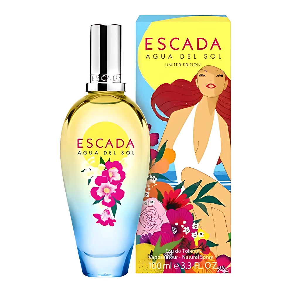 Perfume Escada Agua del Sol, botella de vidrio con líquido amarillo y etiqueta floral, junto a su caja con de mujer y flores.
