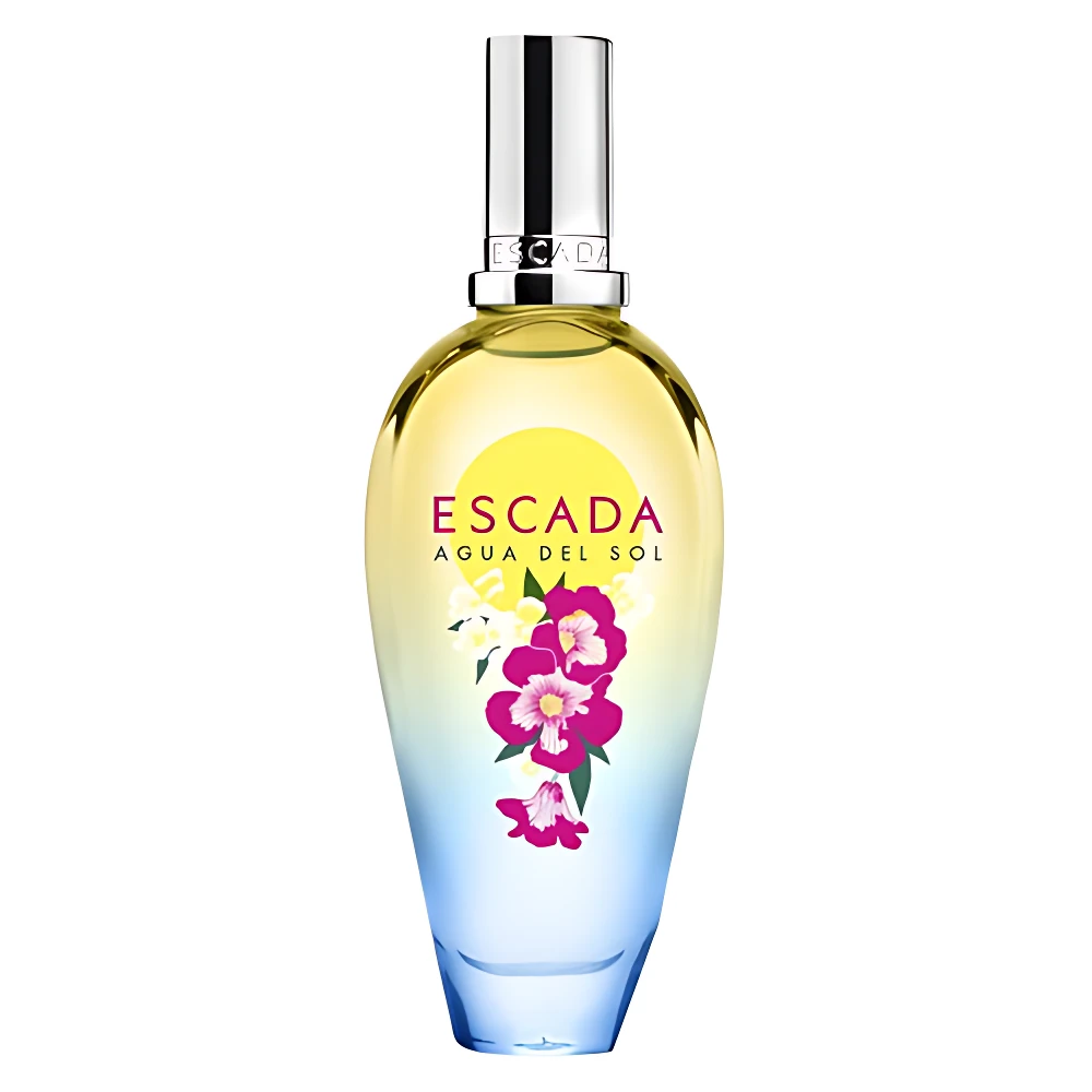 Perfume Escada Agua del Sol en frasco de vidrio con gradiente amarillo a azul, etiqueta floral con flores rosas y detalles de notas cítricas y frutales.
