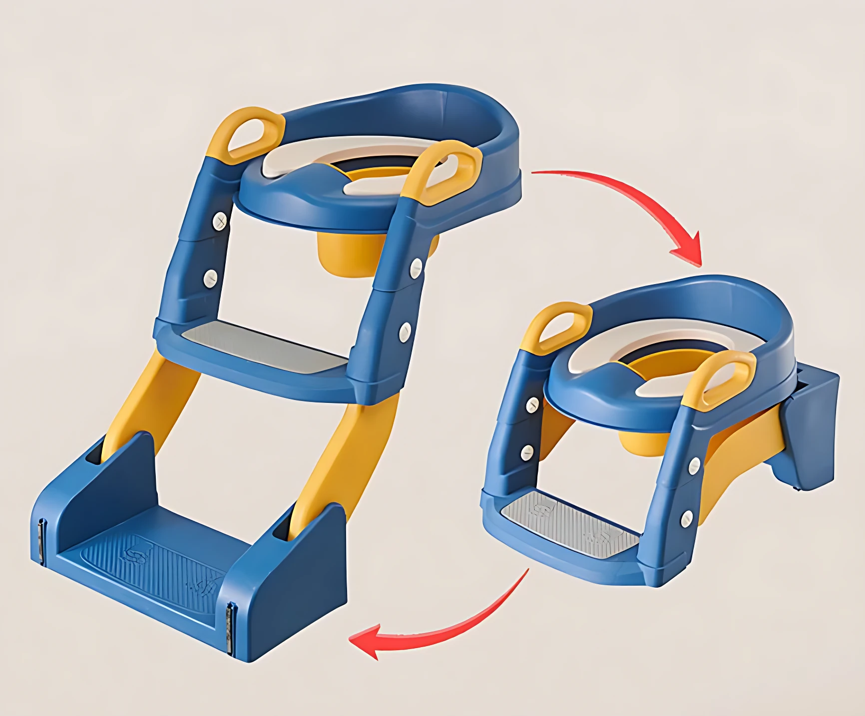 Escalera de baño plegable azul y amarilla con asideros, mostrada en dos posiciones: extendida y compacta, para facilitar el acceso al inodoro infantil.