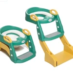 Escalera de baño para bebé plegable y ajustable, color verde y amarillo, con asideros y base estable, ideal para entrenamiento en inodoro.
