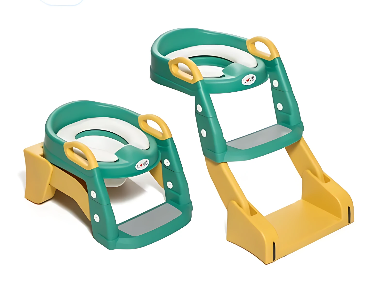 Escalera de baño para bebé plegable y ajustable, color verde y amarillo, con asideros y base estable, ideal para entrenamiento en inodoro.