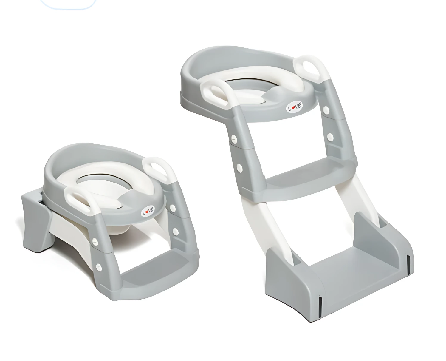 Escalera de baño para bebé en dos posiciones: plegada y desplegada, color gris claro con detalles blancos, diseño ajustable y seguro para entrenamiento en inodoro.