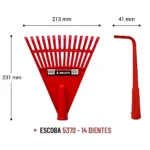 Escoba prado roja con 14 dientes, mango de 213 mm y punta de 41 mm, modelo 5370 de Bellota para limpieza de patios y jardines.