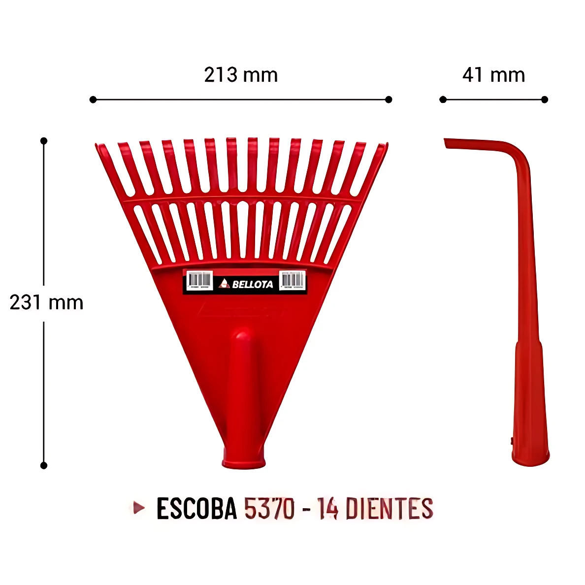 Escoba prado roja con 14 dientes, mango de 213 mm y punta de 41 mm, modelo 5370 de Bellota para limpieza de patios y jardines.