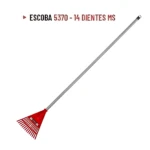 Escoba de jardín con mango largo y cabeza roja, modelo 5370 con 14 dientes metálicos, ideal para limpiar patios y jardines.