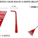 Escoba plástica roja de 14 dientes, modelo 5370, con mango metálico y dimensiones de 231 mm de altura y 213 mm de ancho.