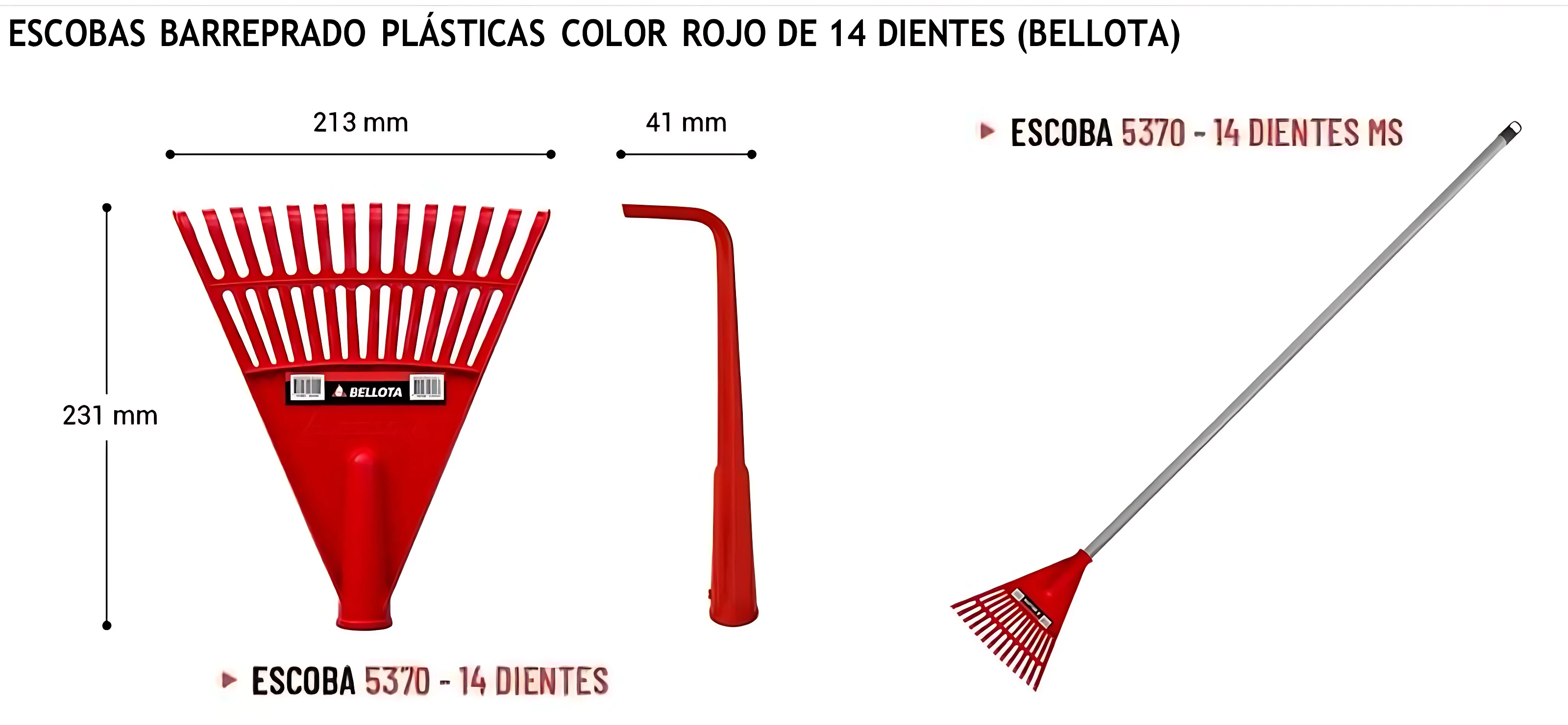 Escoba plástica roja de 14 dientes, modelo 5370, con mango metálico y dimensiones de 231 mm de altura y 213 mm de ancho.