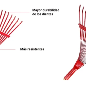 Escoba metálica roja con mango reforzado, vista frontal y lateral, mostrando dientes resistentes y duraderos para limpieza exterior.