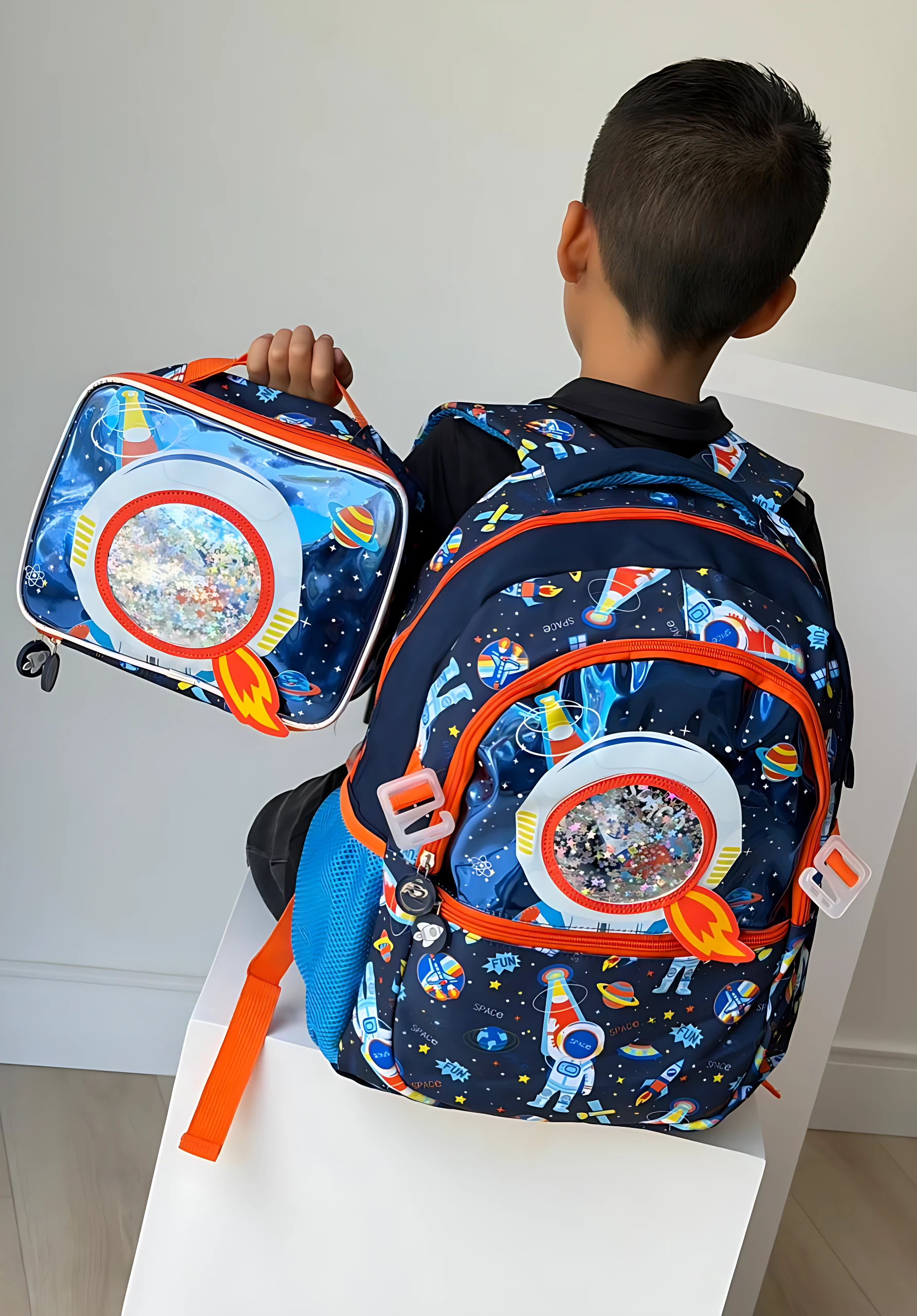 Niño de espaldas con mochila escolar azul espacial y lonchera térmica, ambos con estampado de astronautas y detalles naranjas.