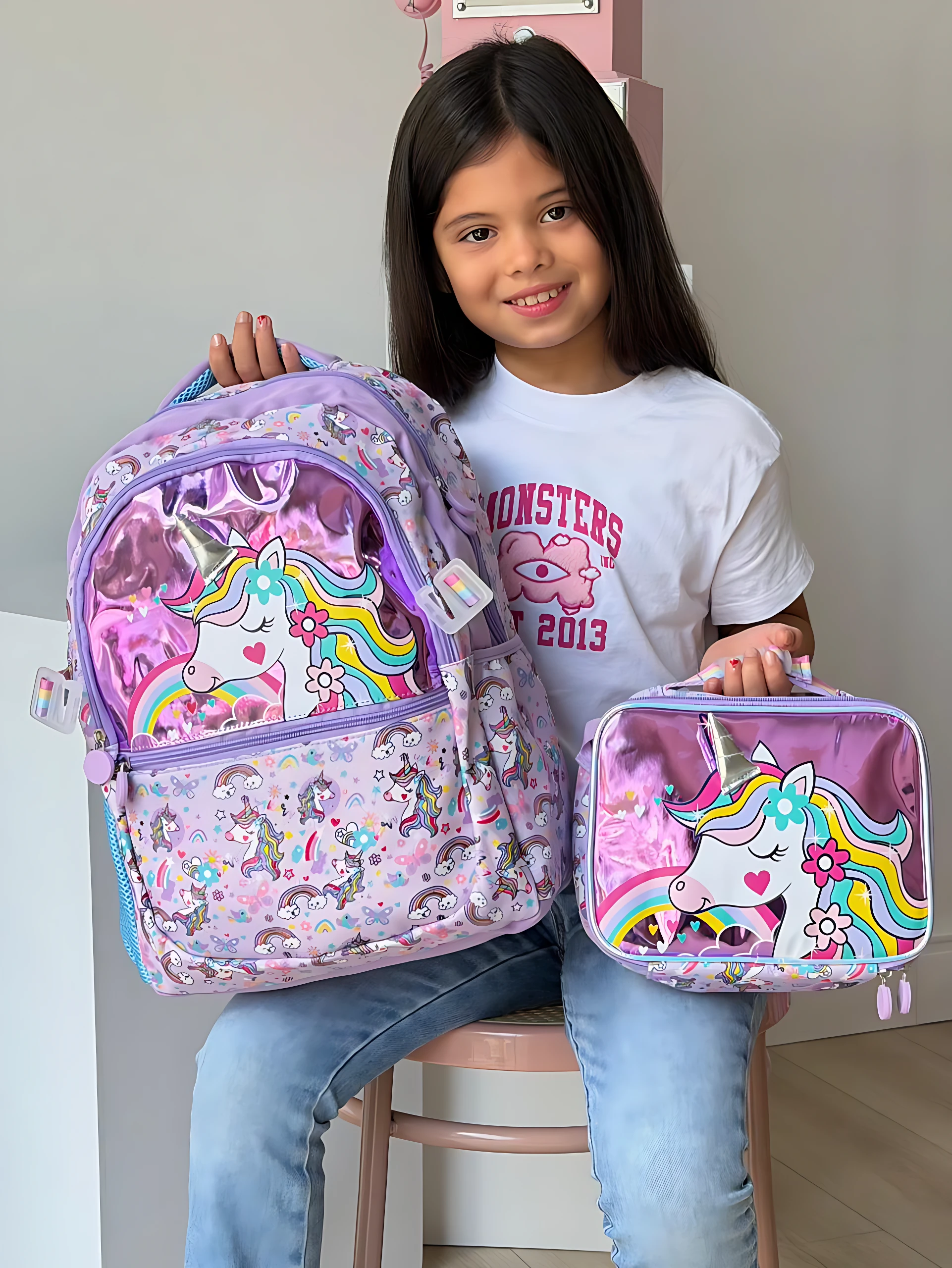 Niña sonriendo sosteniendo mochila y lonchera térmica con temática unicornio, colores rosa y morado, diseño infantil para uso escolar.