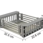 Escurridor de loza de acero inoxidable con rejilla, color gris, dimensiones 32.5 x 22.6 x 9.1 cm, diseñado para secar vajilla y utensilios sin manchas en encimera.