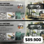 Escurridor de loza multifuncional en color negro con estantes laterales, mostrando organización de vajilla y utensilios sobre encimera. Incluye precio de $89.900.