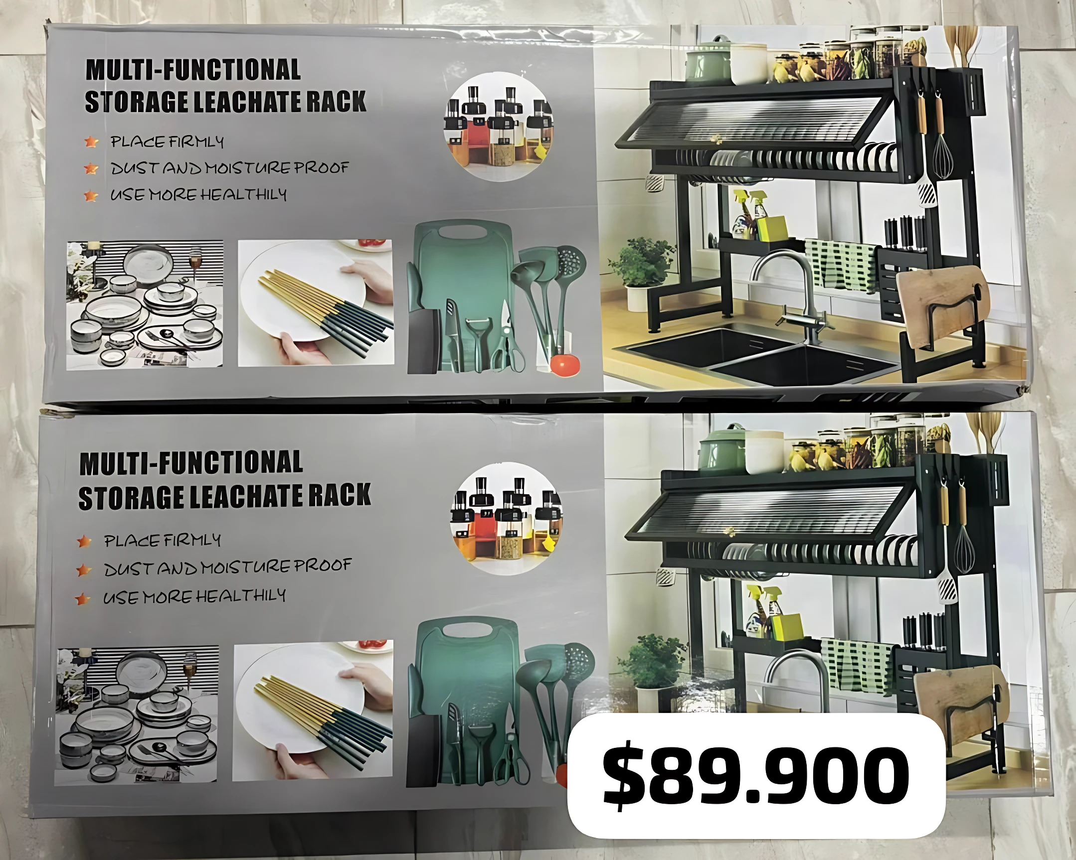 Escurridor de loza multifuncional en color negro con estantes laterales, mostrando organización de vajilla y utensilios sobre encimera. Incluye precio de $89.900.