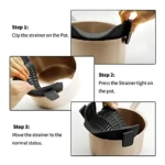 Instrucciones para montar escurridor de pasta negro con soporte para olla, mostrando los tres pasos de instalación en primer plano.