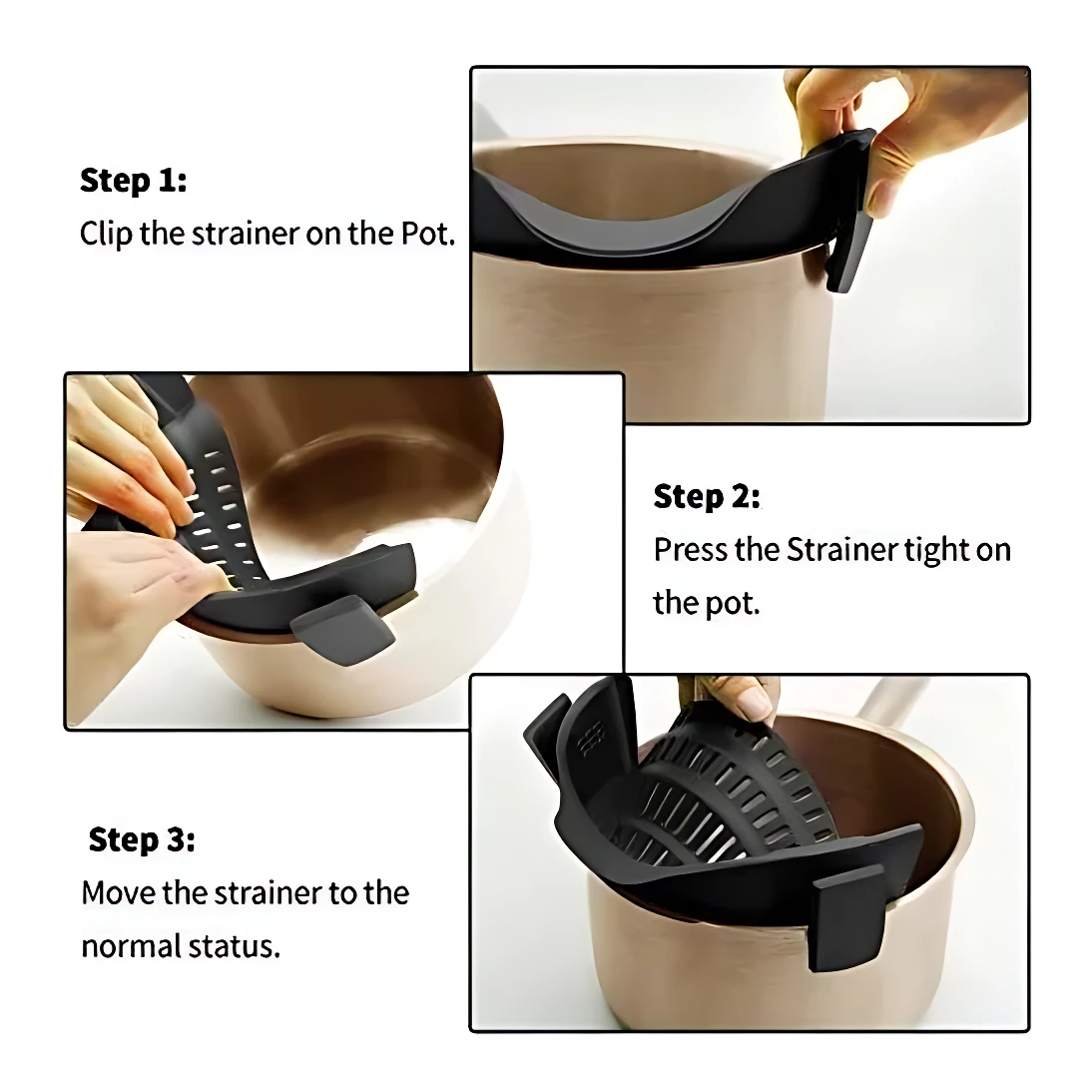 Instrucciones para montar escurridor de pasta negro con soporte para olla, mostrando los tres pasos de instalación en primer plano.