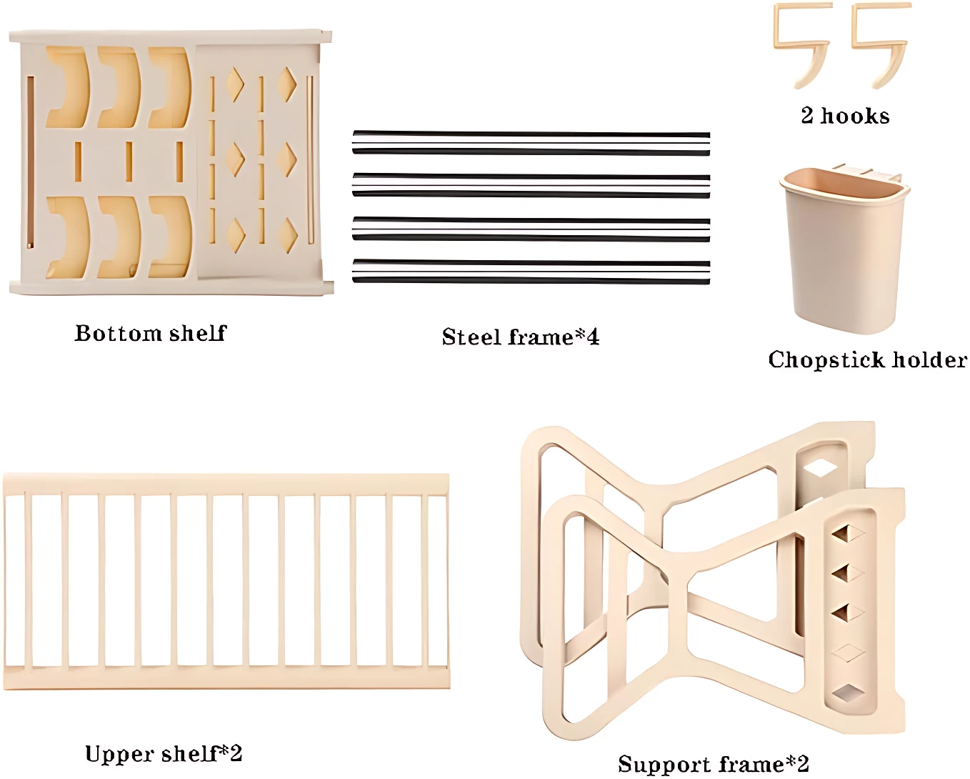 Esquema de montaje para escurridor de platos de dos niveles en color beige claro, mostrando estantes superior e inferior, marcos de soporte, varillas metálicas, soporte para palillos y ganchos.