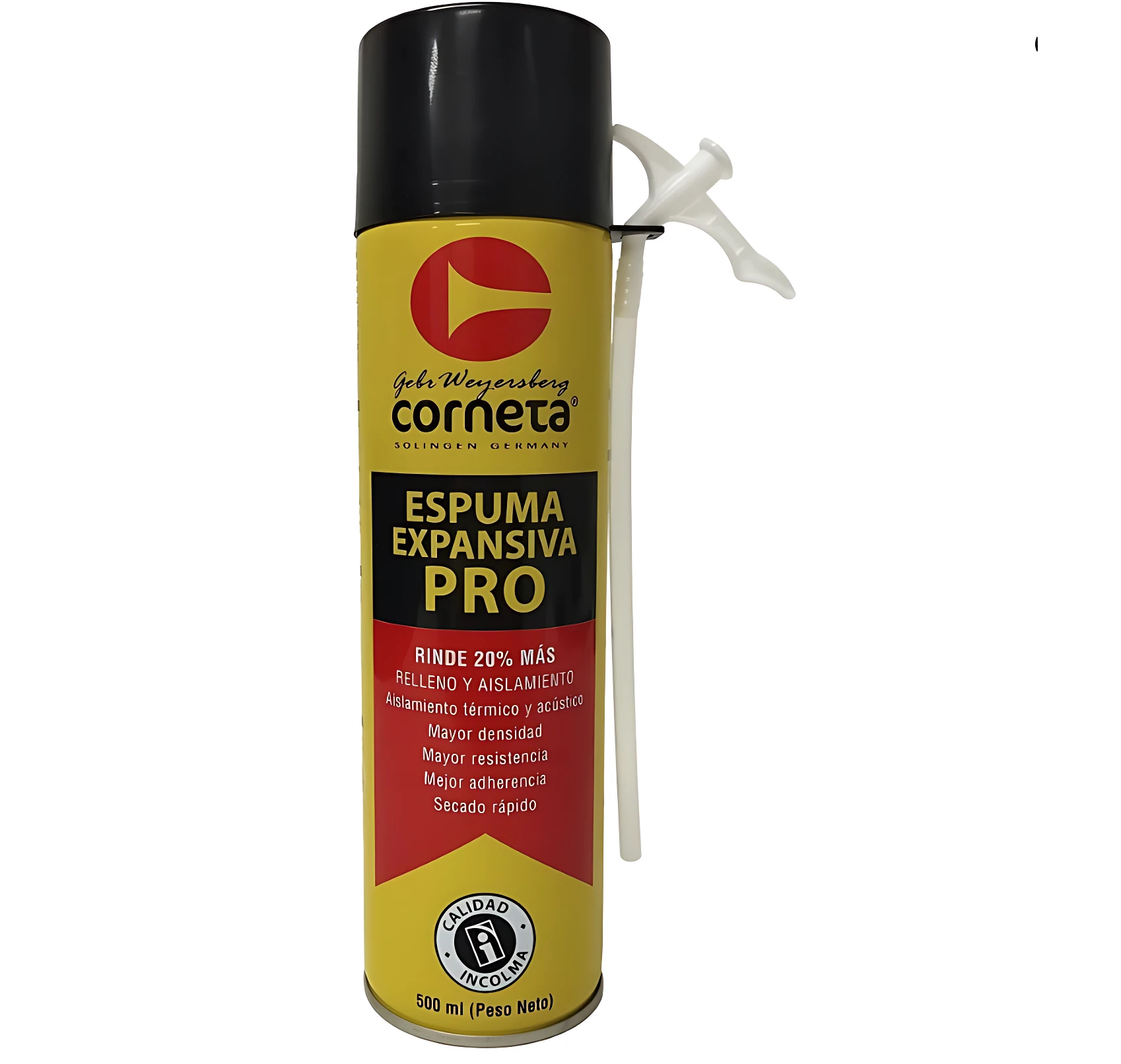Lata de espuma expansiva Corneta Pro en presentación amarilla con tapa negra y boquilla blanca, de 500 ml, diseñada para rellenar huecos y aislar espacios.