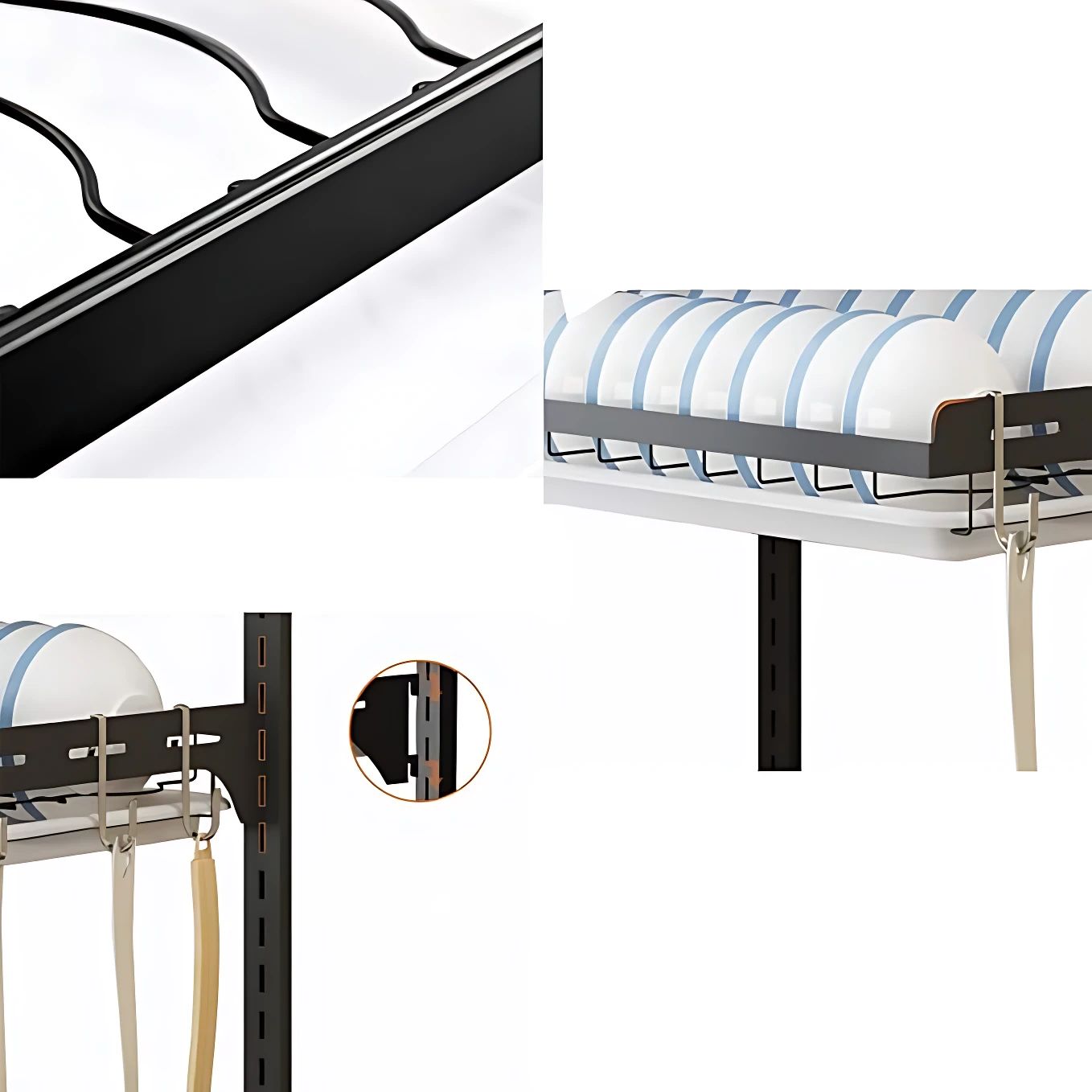 Estante de acero negro con tres niveles, estructura metálica y estantes blancos con detalles azules, ideal para almacenamiento vertical.