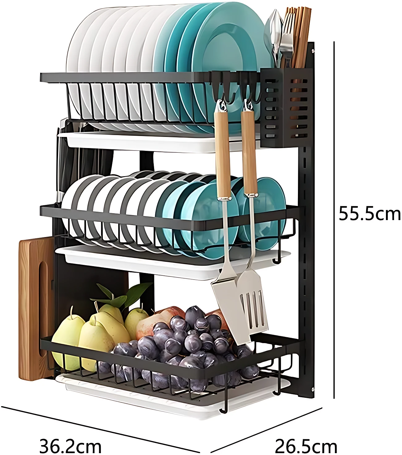 Estante de acero negro de tres niveles con medidas de 55.5 cm de alto, 36.2 cm de ancho y 26.5 cm de profundidad, mostrando platos, frutas y utensilios en su estructura.