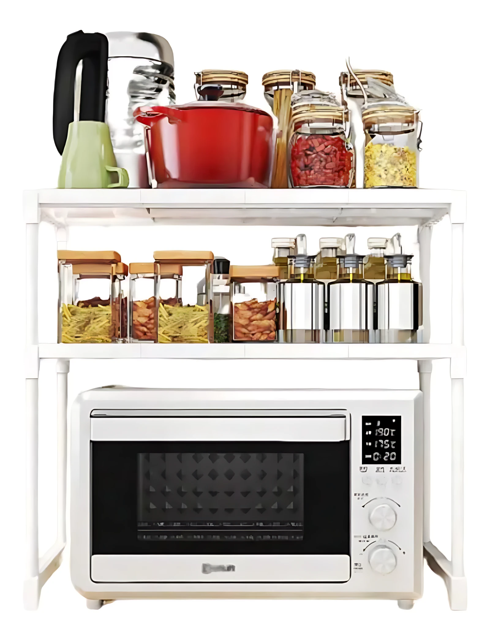 Estante blanco de tres niveles con horno microondas en la base, organizador de cocina con tarros de especias y utensilios en los estantes superiores.
