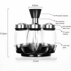 Estante giratorio para condimentos de vidrio con base central, tapa de acero inoxidable y medidas de 17,5 cm de alto por 15 cm de ancho.
