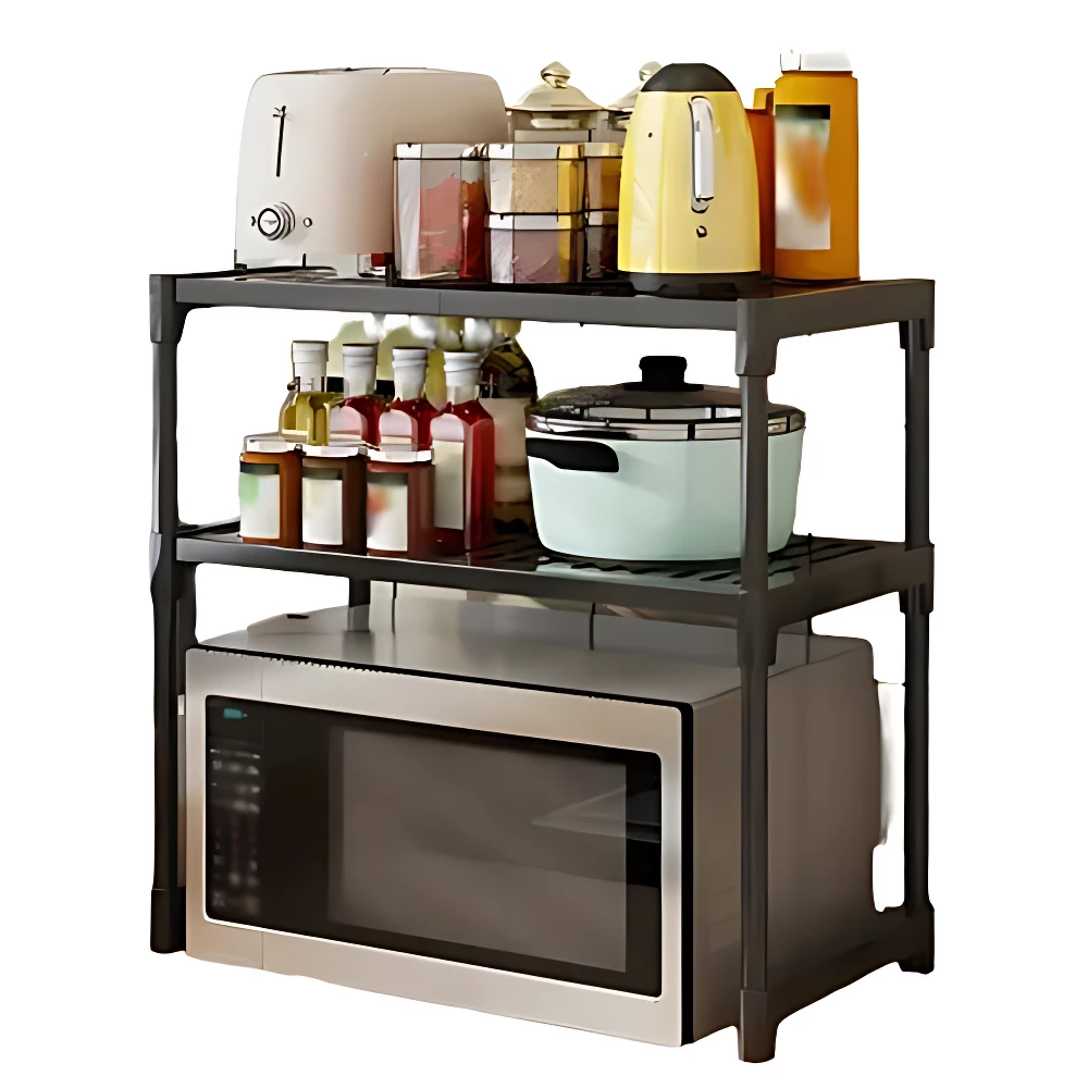 Estante de cocina negro con dos niveles, organizador para microondas, utensilios y especieros.