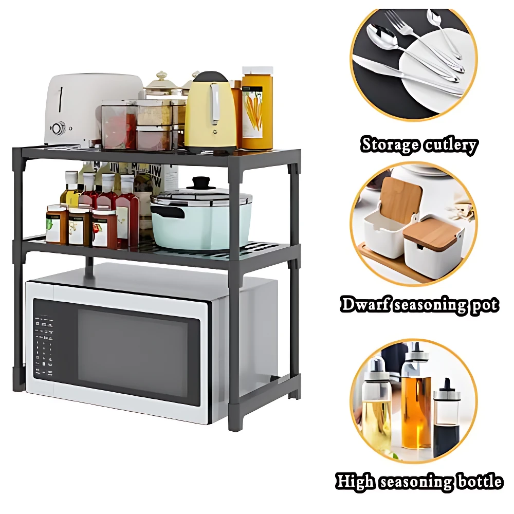 Estante de cocina de dos niveles en color gris oscuro, con estante superior para microondas y estante inferior para utensilios y recipientes. Incluye detalles de almacenamiento para cubiertos, especieros y botellas de aceite.