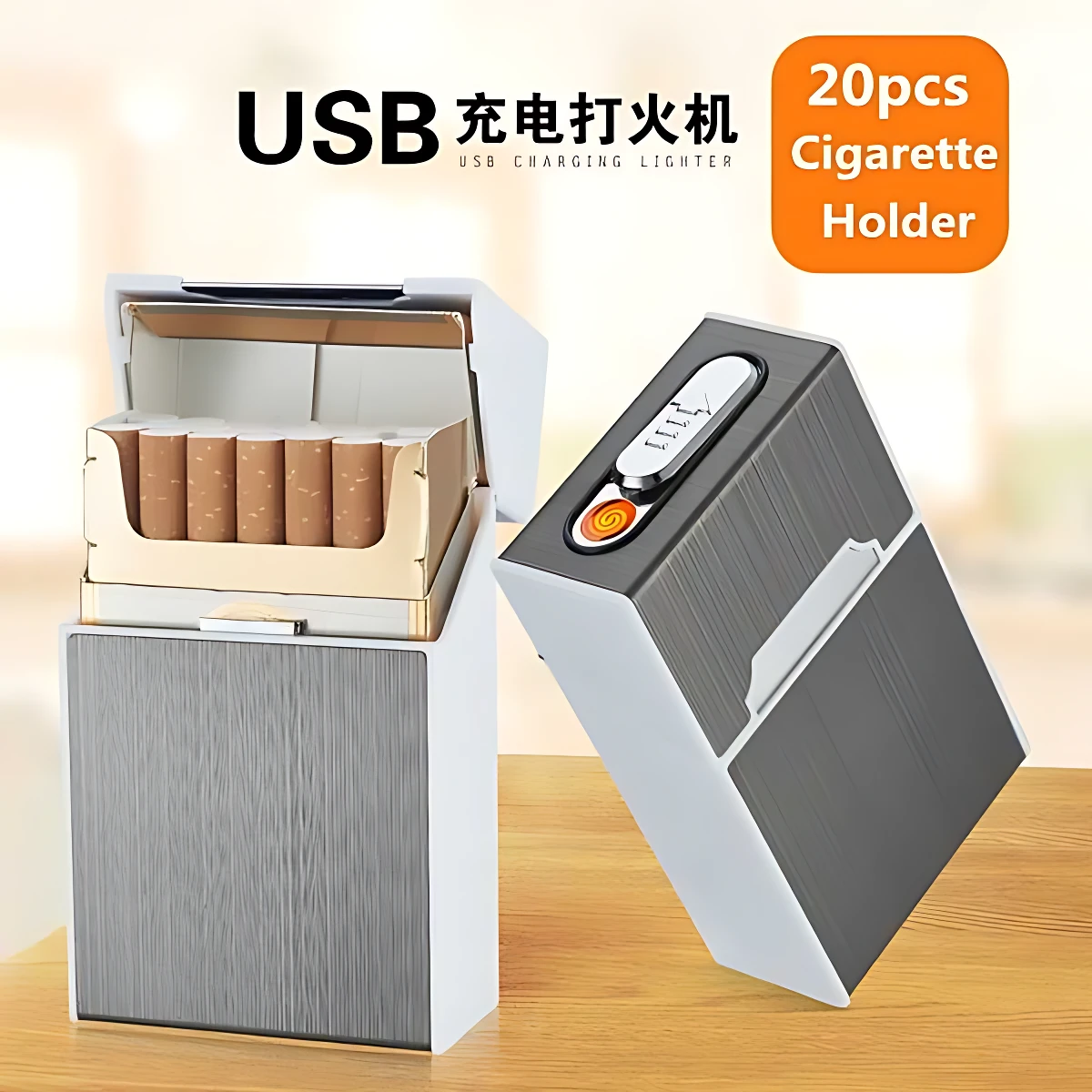 Estuche de cigarrillos gris metálico con textura de madera, abierto mostrando cinco cigarrillos dentro. Incluye encendedor USB integrado en la tapa, con botón rojo visible. Diseño compacto y funcional para uso diario.
