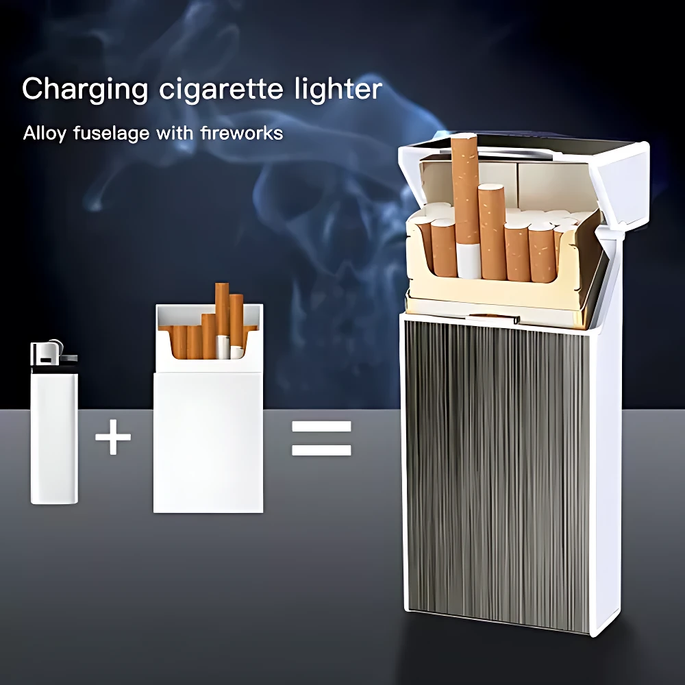Estuche de cigarrillos blanco con estuche metálico plateado y encendedor USB integrado, mostrando cigarrillos dentro y humo en fondo oscuro.