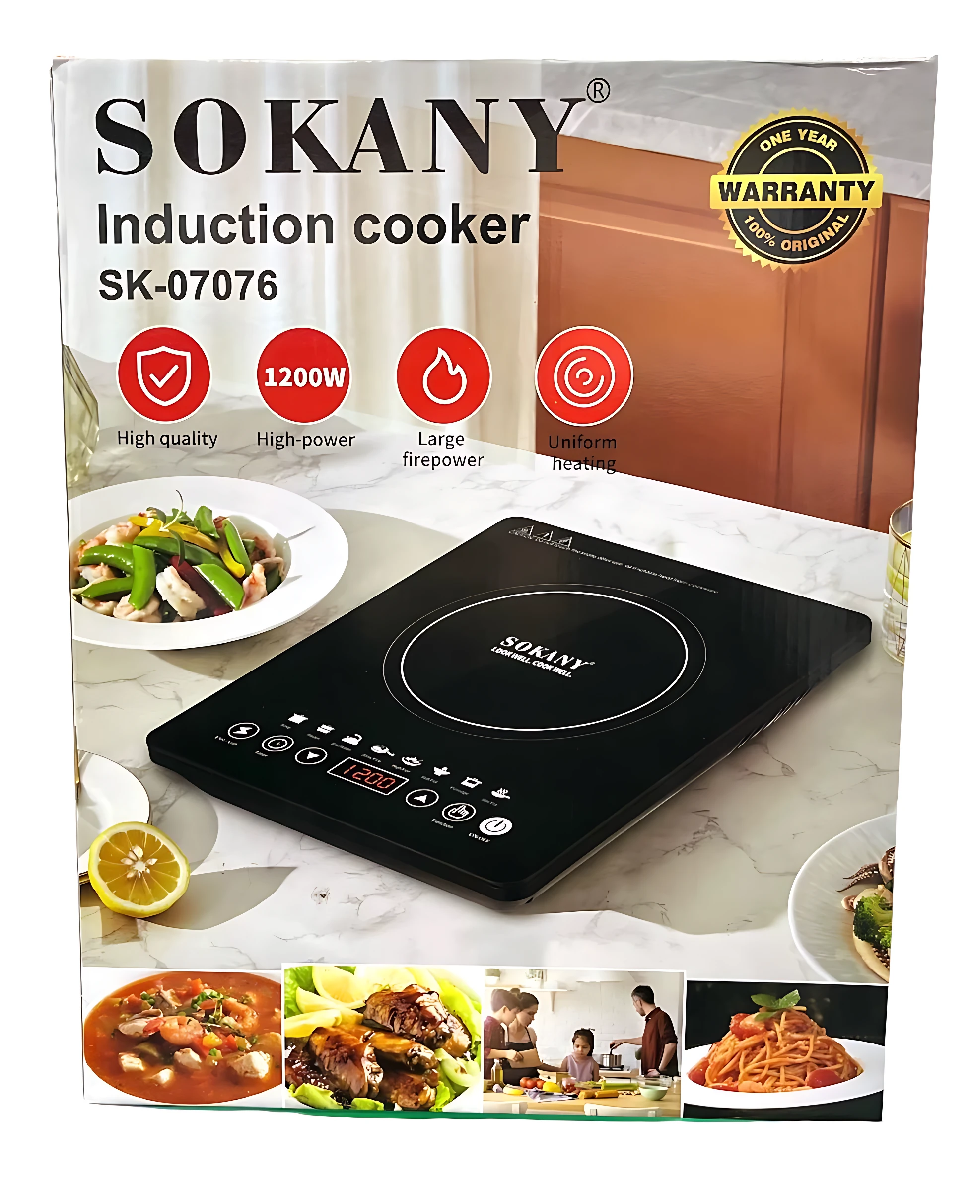 Estufa de inducción Sokany SK-07076, color negro con panel digital y zona de cocción circular, sobre encimera blanca con platos de comida alrededor.