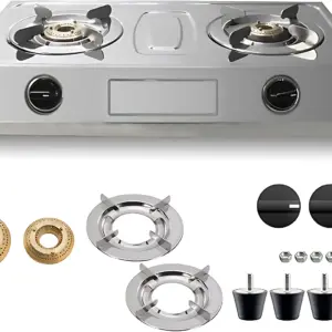 Estufa de gas natural Sokany de acero inoxidable con doble quemador, controles frontales y accesorios incluidos: quemadores, soportes y pernos.